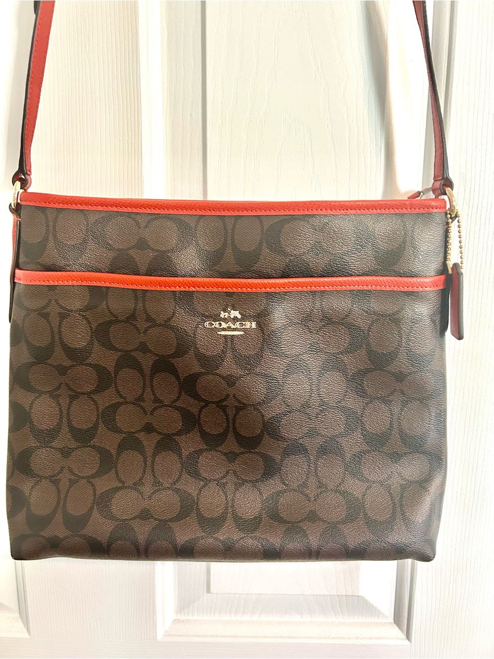 Coach Brown Signature Crossbody with Red/Rust Trim